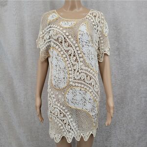 Lim's Vintage Hand Crochet Lace Cotton Top Blouse See Through Women's Large